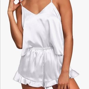 White Satin Ruffled Pajamas Sets Cami Shorts Sets Sleepwear - bride pajamas